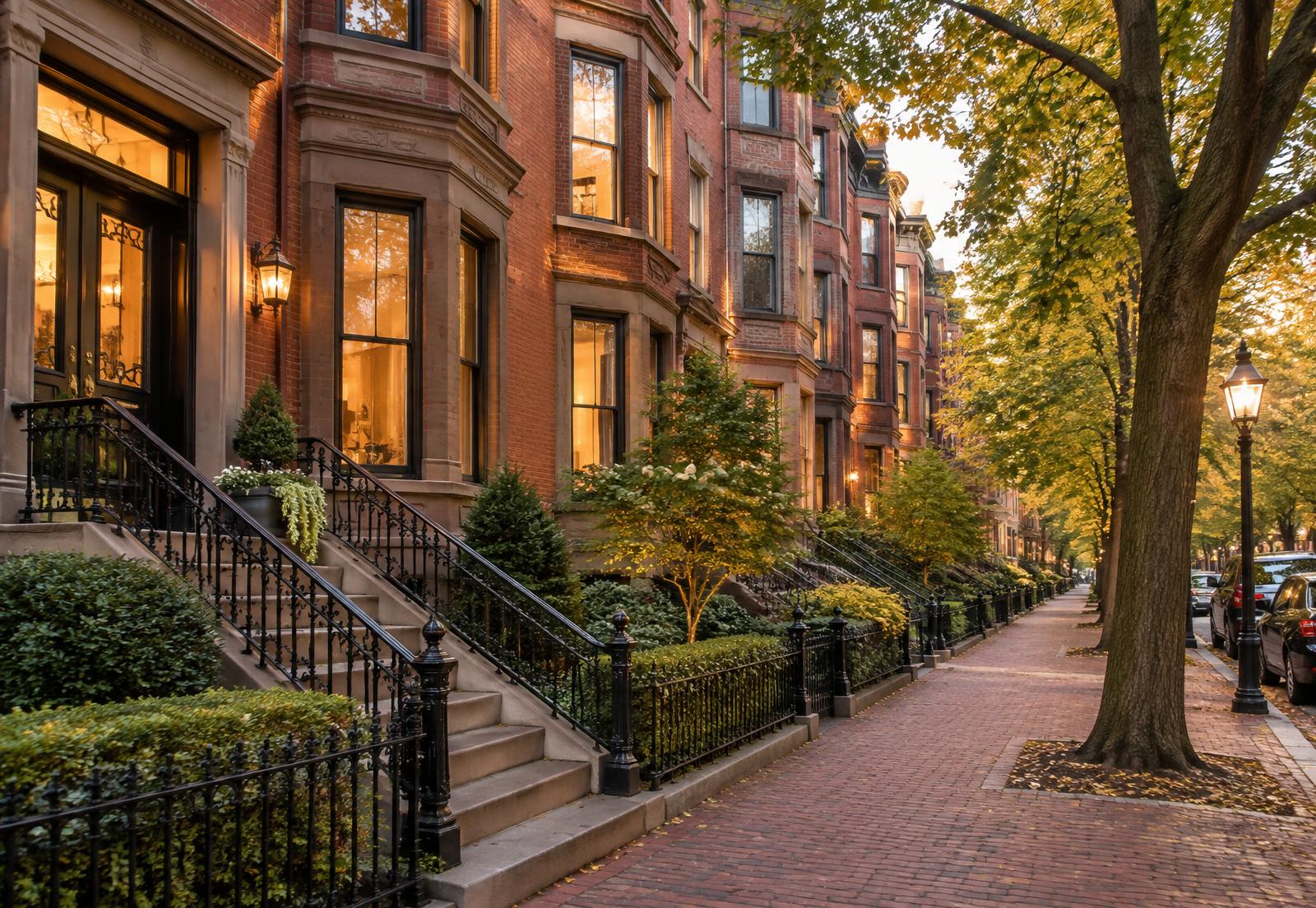 Boston neighborhood street with brick buildings at golden hour